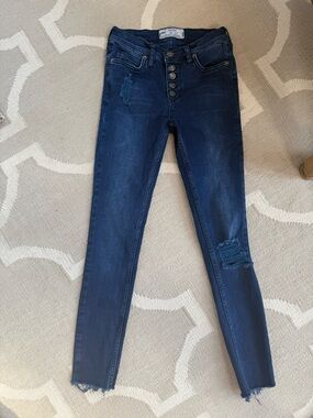 Free People Dark Blue High-Rise Distressed Button-Fly Jeans